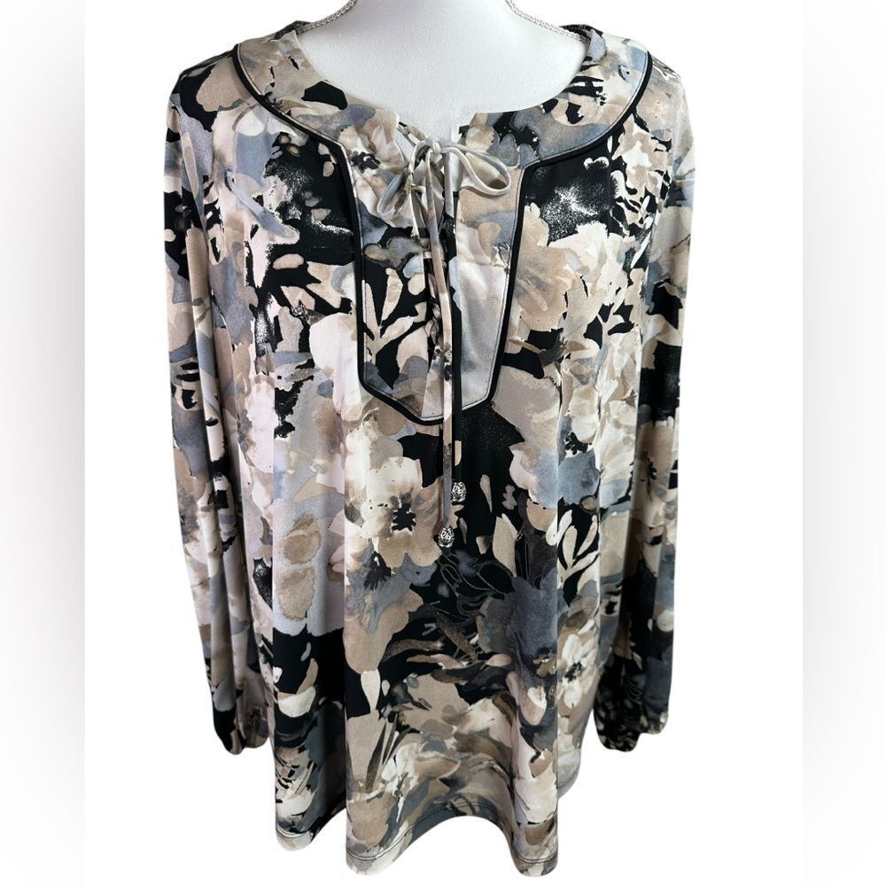 Susan Graver Floral Blouse - Black, Cream, Gray
